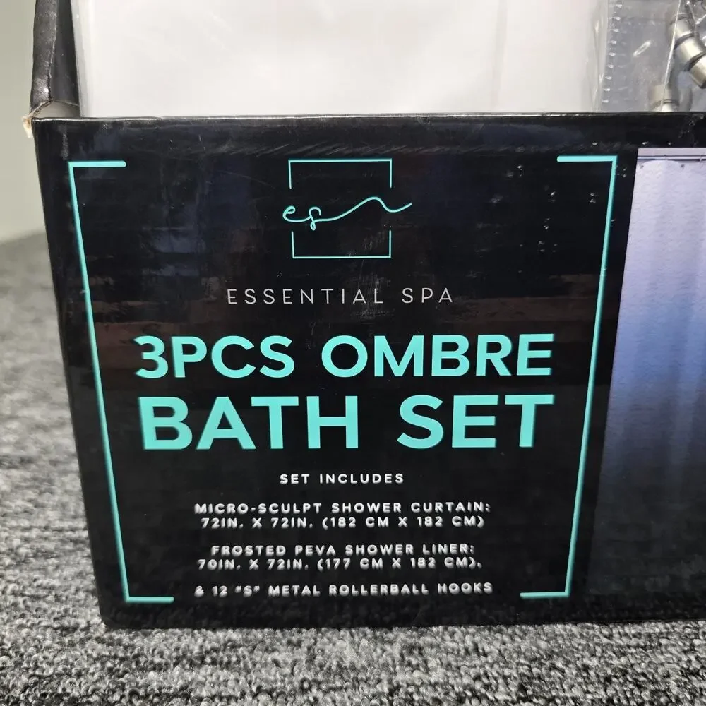 Essential Spa 3 Piece Ombre Bath Set Blue Shower Curtain White Liner Silver Hook